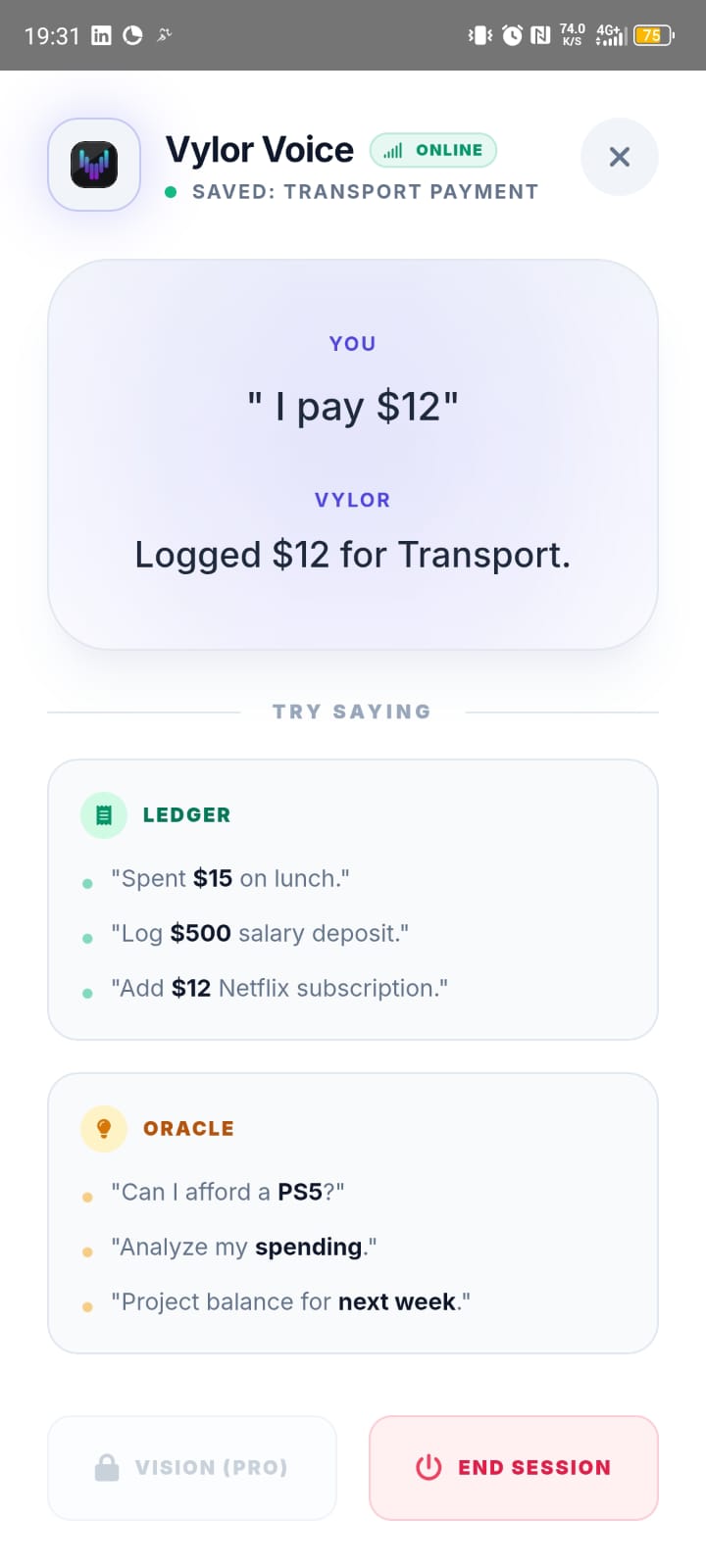 Vylor Oracle Mode AI financial advisor answering spending questions